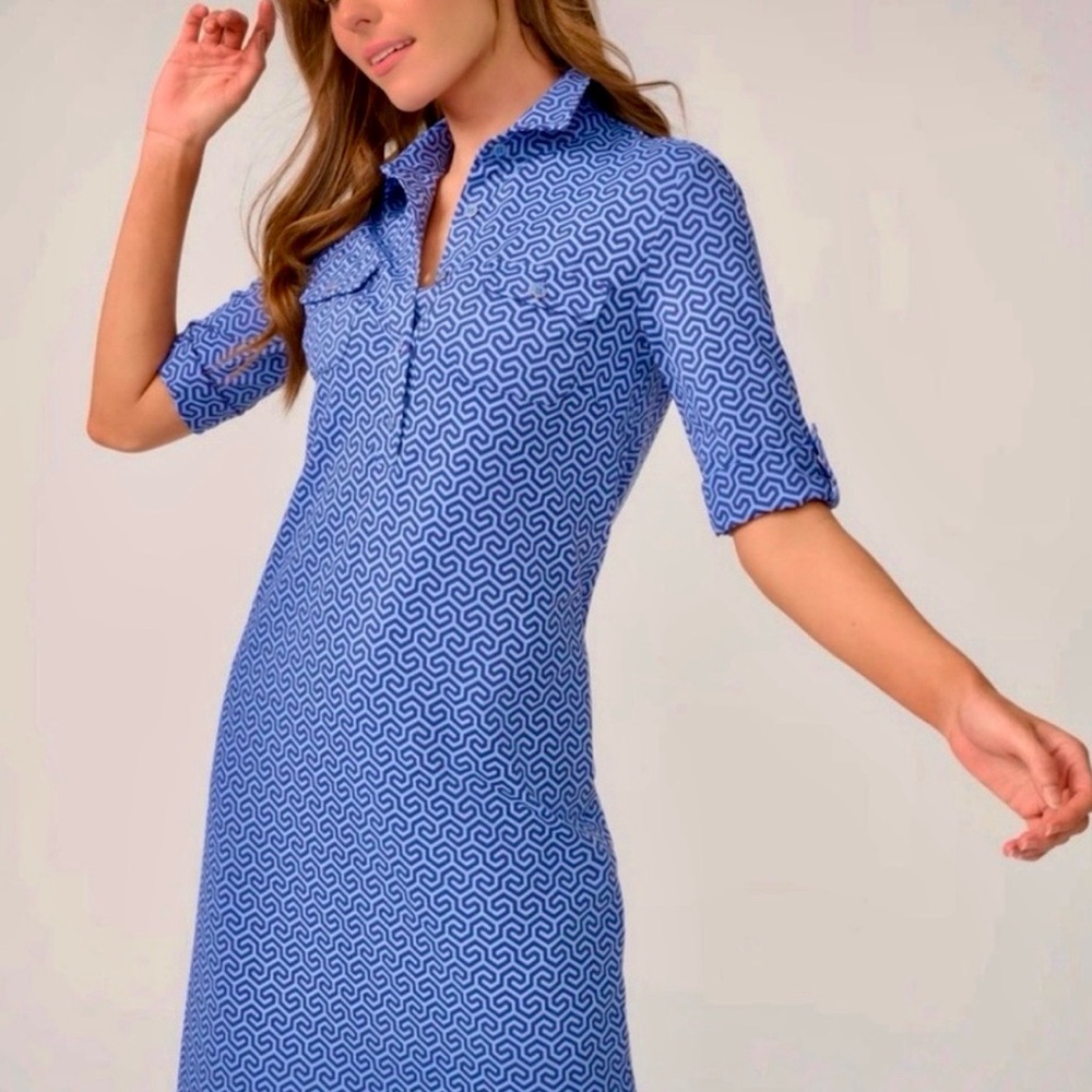J. McLAUGHLIN Lawrence shirt Dress Blue Honeycomb Roll Tab Catalina Cloth Large - Picture 2 of 14